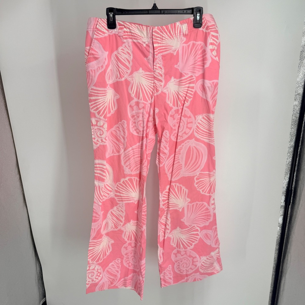 Lilly Pulitzer Pink White Seashell Print Cotton Straight Leg Pants Womens 12